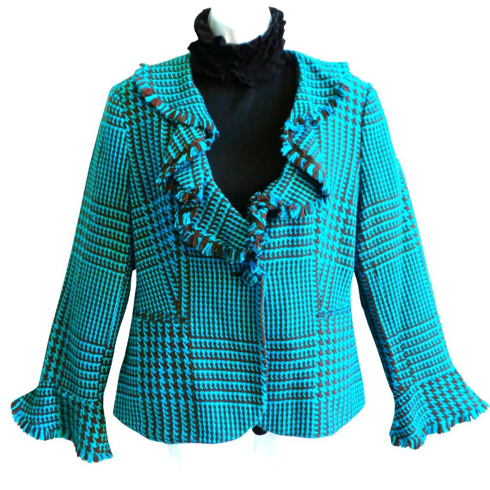 Metrostyle Houndstooth Plaid Blazer Jacket Ruffle Lapel Flounce Sleeves Lined 12